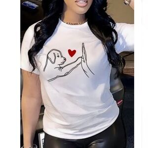 Cute Dog Print Short Sleeve T-shirt In White Graphic Print